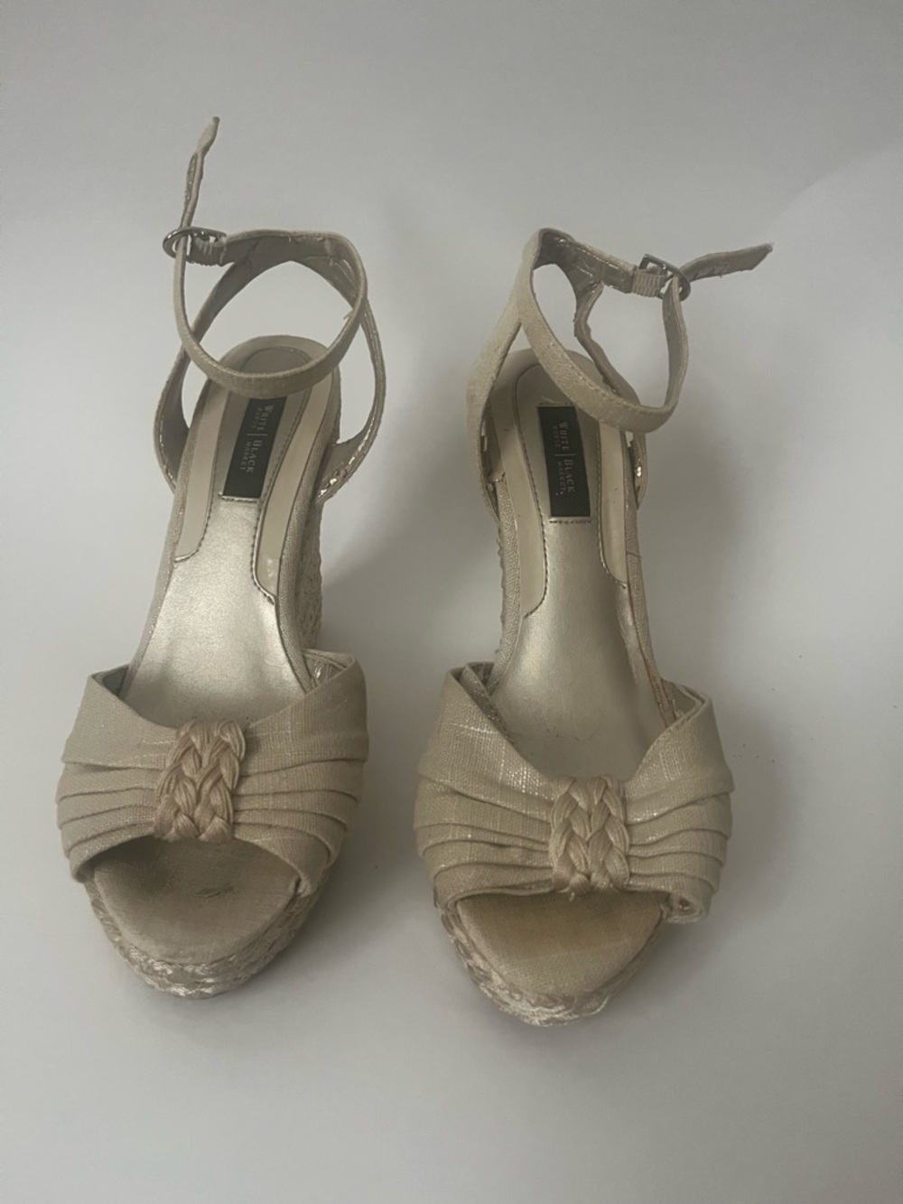 White House, Black 
Market Cream Braided Peep-Toe Wedge Sandals